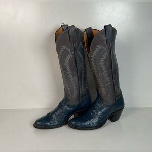 Vintage Justin Tall Blue Ostrich Quill Cowgirl Boots 6.5 B USA Made Exotic